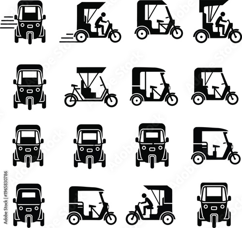 Collection of black and white depicting various auto rickshaws and tuk tuks from different angles tricycle