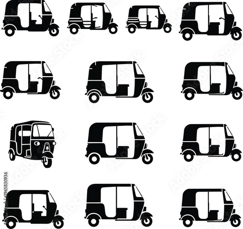 Collection of black auto rickshaw in various side and front views on white background tricycle three wheeler
