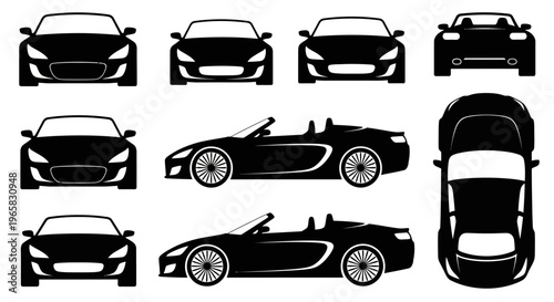 Black Car Silhouettes: Front, Side, Top Views of Sports Cars and Convertibles