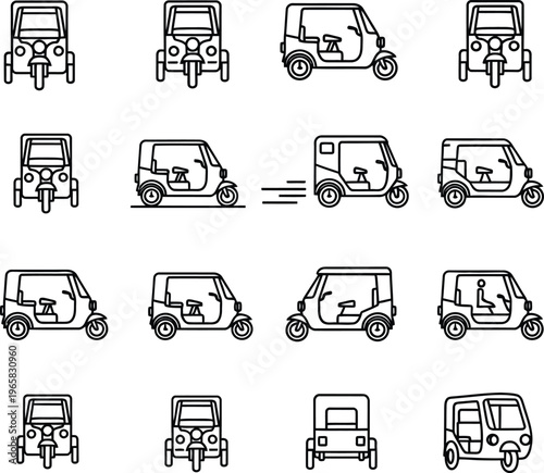 Collection of black line depicting various auto rickshaws and tuk tuks from different angles three wheeler