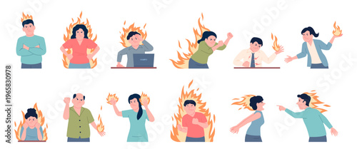 Emotional burning people. Furious male female, hate, irritation and many negatives. Emotional characters in fire flames, yelling and aggressive, recent vector set