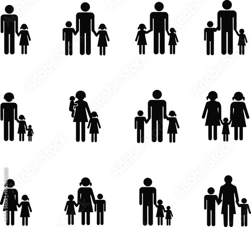 Collection of black silhouette depicting families and children family child parent silhouette black and white