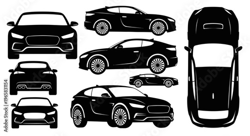 Black Car Silhouettes: Front, Side, Top, and Rear Views of Modern Automobiles