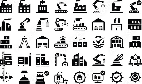 Industrial icons set: factory, manufacturing, production, construction, robotics, logistics, warehousing, engineering, technology, building