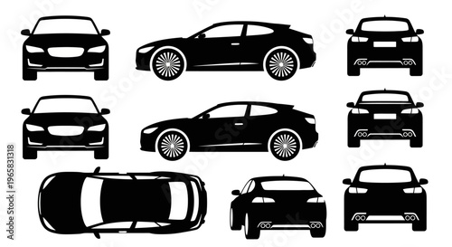 Black Car Silhouettes: Multiple Views - Front, Side, Rear, Top