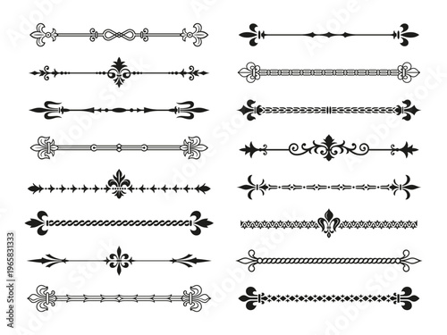 Heraldic lily dividers. Black royal borders collection with fleur de lis symbols. Medieval elegance design for text, frames, invitations, diploma, tidy vector clipart