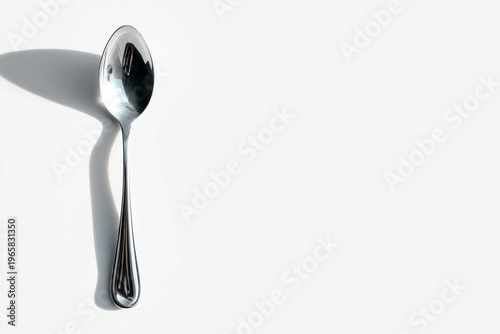 Simple silver spoon on white background with shadow reflection