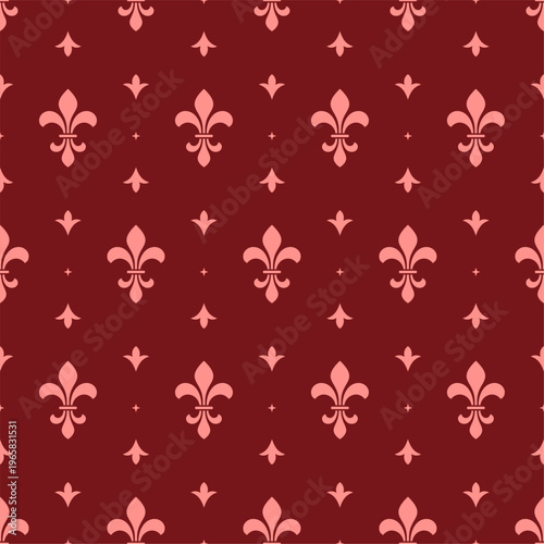 Royal lily seamless pattern. Fleur de lis elegance template on red. Fashion classic print for textile paper or fabric wallpaper, wrapping, tidy vector background