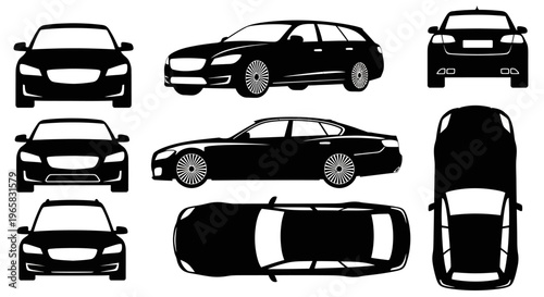 Black Car Silhouettes: Multiple Views - Front, Side, Top, Rear