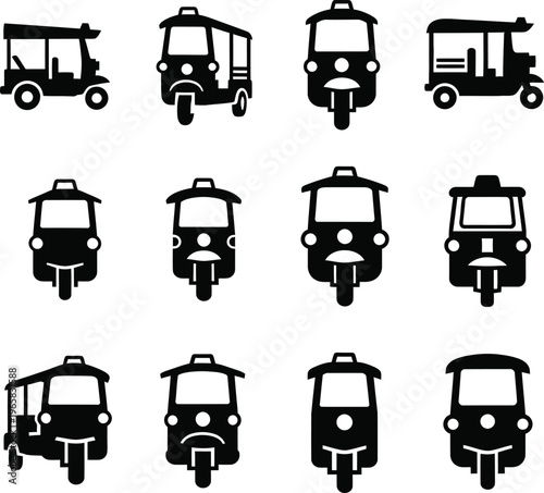 Collection of twelve black silhouette of tuk-tuks in various front and side views tuk rickshaw auto rickshaw three wheeler transport vehicle silhouette