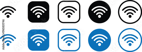 Wireless internet signal wifi icon set in black and blue colors