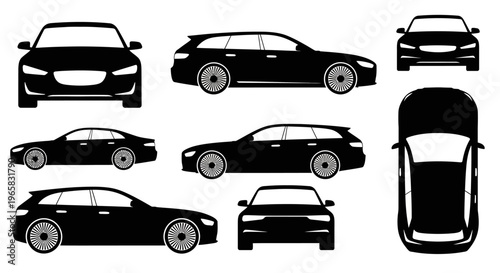 Black Car Silhouettes: Multiple Views - Front, Side, Top