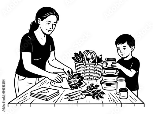Woman and child refilling vegetables in reusable containers at home