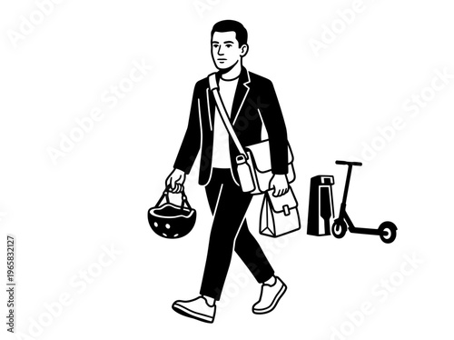 Young professional walking with helmet bags scooter and luggage
