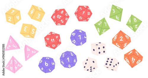 Rpg game dices. Plastic polyhedral board games pieces. Various shapes play tools. Gaming elements with numbers for fantasy playing, racy vector set