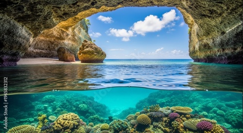 Split-Level View of Tropical Sea Cave and Vibrant Coral Reef