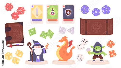 Rpg games elements. Board play accessories, plastic dices and character. Figures or wizard, troll or orc, dragon. Play cards, magic book of rules, racy vector clipart
