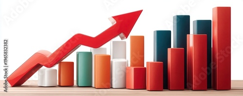 Red arrow pointing up over colorful 3D bar chart representing business growth, rising sales and finance success