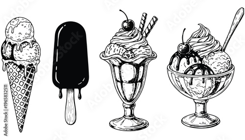 Ice cream vector illustrations of various sweet treats and desserts