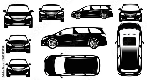 Black Car Silhouettes: Multiple Views of Sedans and Minivans