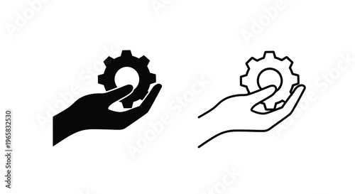 Hands holding gears solid black and transparent outline versions
