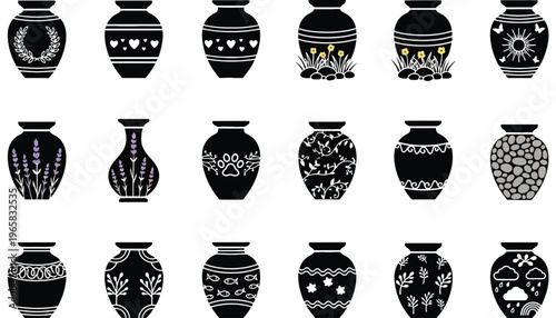 Vase vector silhouettes with various decorative patterns and designs