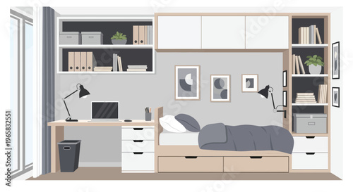 A modern small bedroom with a desk and bed in a compact space