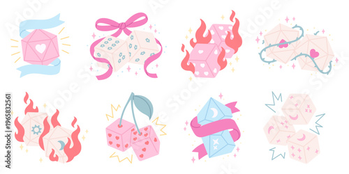 Game dices. Rpg gaming accessories decorative art style. Girly elements, dice with ribbon, bow, infire flame. Lucky symbols, racy vector clipart