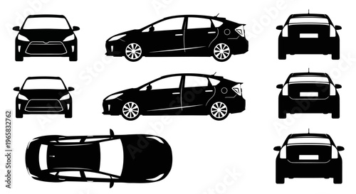 Black Car Silhouettes Set: Front, Side, Rear, Top Views
