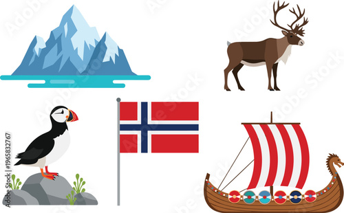 A comprehensive collection of Norwegian symbols featuring a Viking longship, Norway flag, snowy mountains, a puffin bird, and a reindeer in flat vector style.