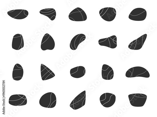 Black pebble stones. Decorative grey stone different shapes with white lines. Natural pebbles, spa emblem elements, underwater objects, cut nowaday vector set
