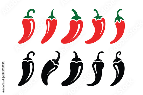 chili pepper icons pack, hot spice food symbols, red pepper shapes collection, cooking ingredient and spicy flavor concept, simple modern vector illustration isolated on white background.