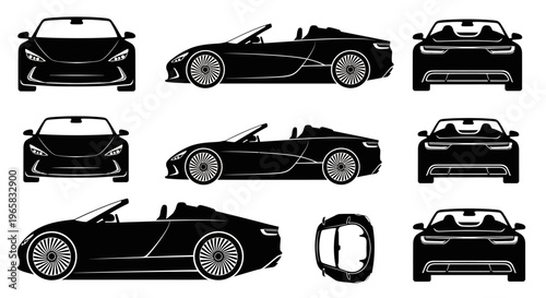 Black Convertible Sports Car - Multiple Views: Front, Side, Rear, Top
