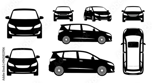 Black Car Silhouettes Set: Front, Side, Top Views of Sedan, SUV, Minivan