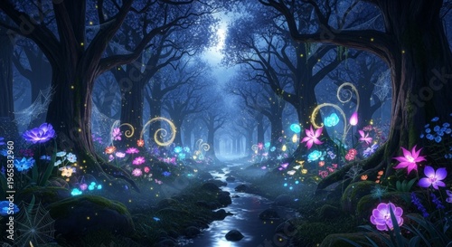 Enchanted Fantasy Forest with Glowing Flowers and Twinkling Lights