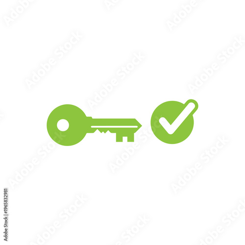 Bright green key symbol paired with a circular checkmark indicating successful system entry or credential validation.