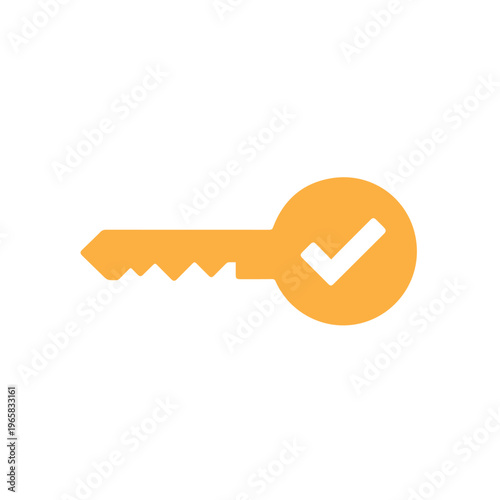 Orange key icon with a checkmark signifies successful access or verified security status on a white background.