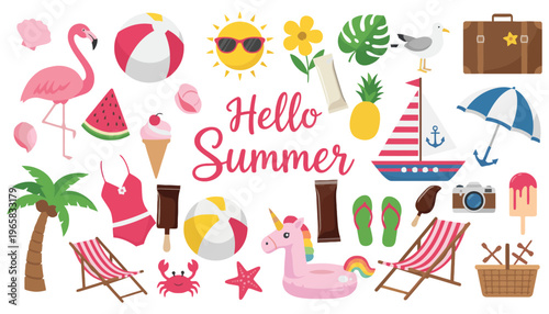 A vibrant summer illustration with various beach and vacation icons