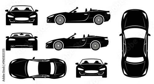 Black Convertible Sports Car: Front, Side, Top Views Silhouette