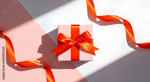 Gift box with orange ribbon on white and pink background