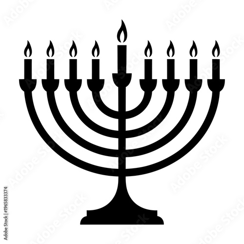Vector of a menorah with nine candles, including a lit central candle on a stand
