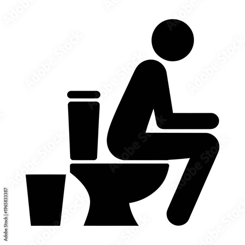 Vector of a person sitting on a toilet with a trash can and a plunger nearby.