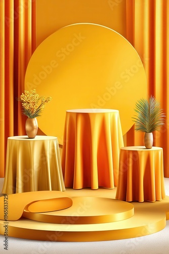 Golden podium display with three round tables and draped tablecloths in warm studio set