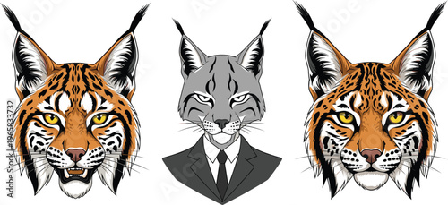 Photography Lynx and Bobcat Head Vector Set with Realistic and Stylized Portraits Featuring