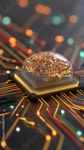 Ai evolution: envisioning the future with digital brain integration. Information beams. Subtle neural dance: ai component among resplendently glowing circuits. Digital networking. Fiber optics.