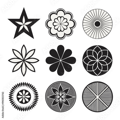Hand-drawn geometric shapes and brutalist doodles. Bauhaus minimalist graphic design components. fashionable vector signs for Y2K. Basic Shapes: Star and Flower.