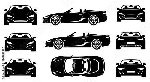 Black Convertible Sports Car Silhouette - Multiple Views: Front, Side, Top
