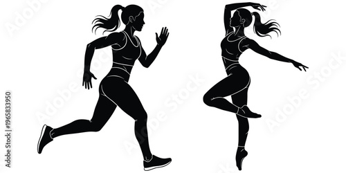 Running athlete silhouette, dancing figure pose, dynamic movement art, fitness activity design, graceful balance illustration, sports lifestyle concept, flat vector illustration