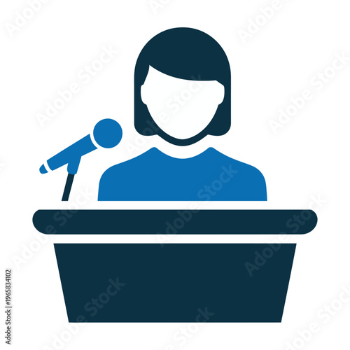 Minimalist vector showing a female speaker standing behind a podium with a microphone