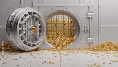 Bank vault interior, half-open, filled with gold bars, spilling out onto floor, shining